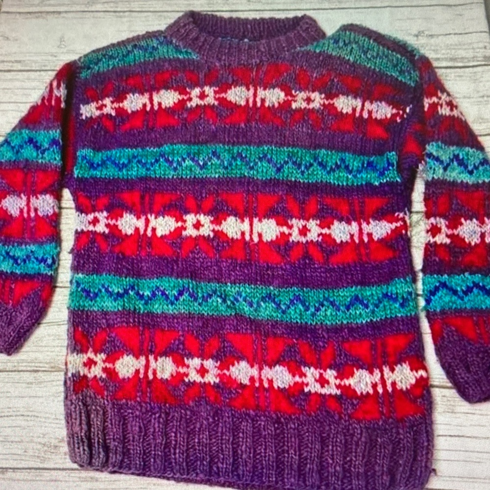 Multicolor Patterned Crewneck Sweater in Purple, Red & Teal